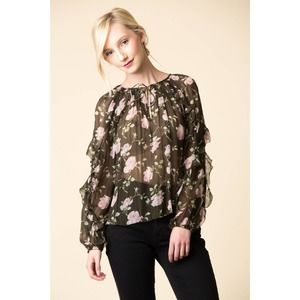 Ulla Johnson Azalea Floral Sheer Top Ruffle V Neck Size 4 100% Silk